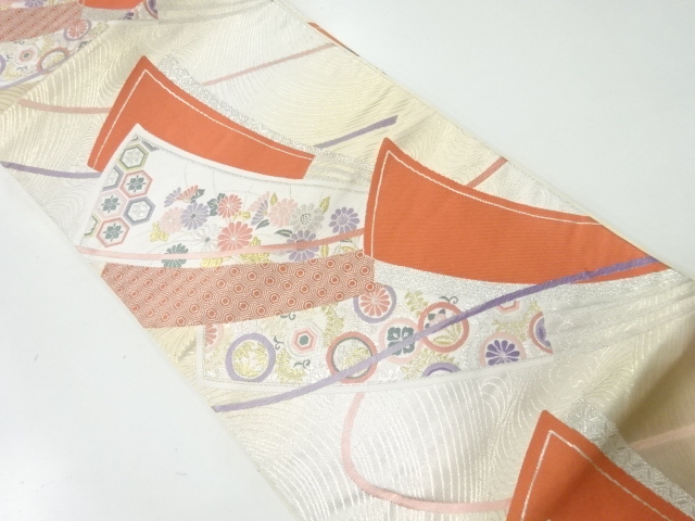 アンティーク　扇に草花模様織出し袋帯（材料）